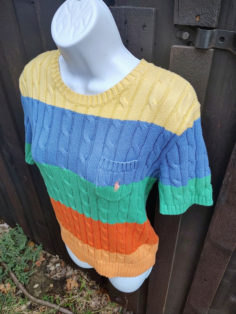 Multicolor Cable-Knit Short-Sleeve Sweater - Yellow Blue Green Orange